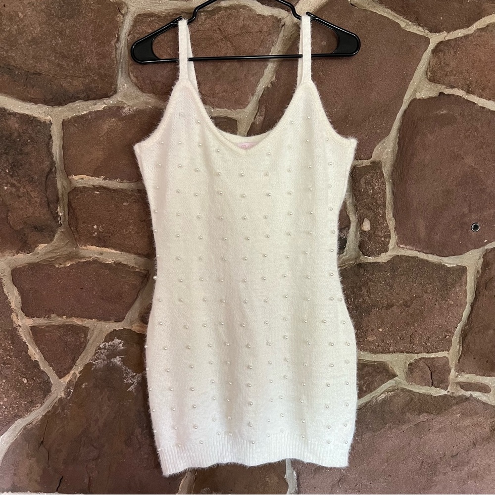 Pink Lily White Knit and Pearl Sweater Tank Dress bride